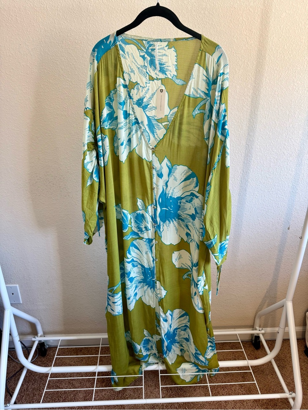 NWT Anthropologie Green Floral Maxi Dress with Blue & White Blooms
